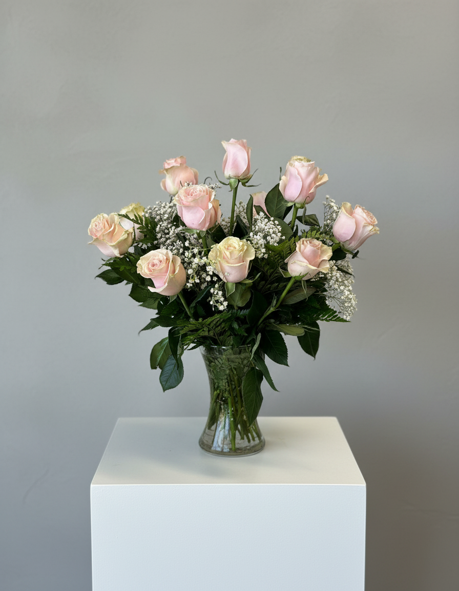 Dozen Pink Rose’s Vased