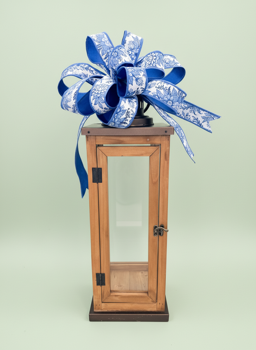 Wooden Lantern With Blue Floral Bow